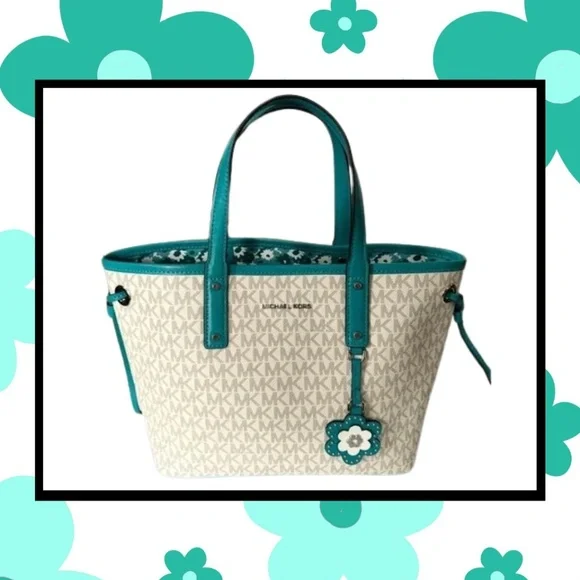 Michael Kors Carter White and Teal Reversible Tote - Picture 2 of 6